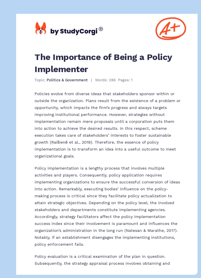 The Importance of Being a Policy Implementer. Page 1