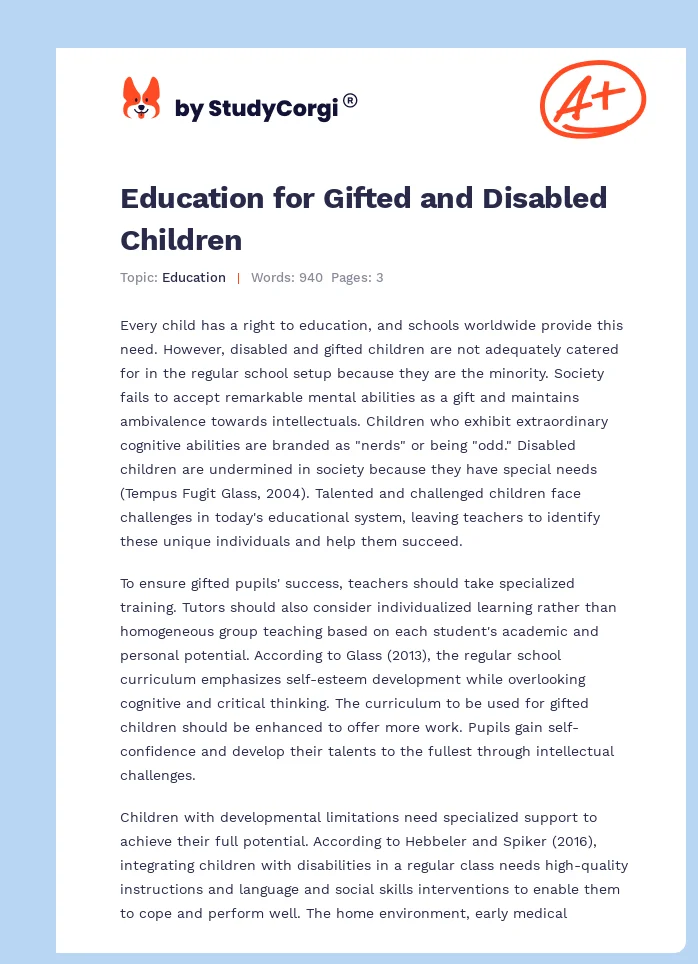 Education for Gifted and Disabled Children. Page 1