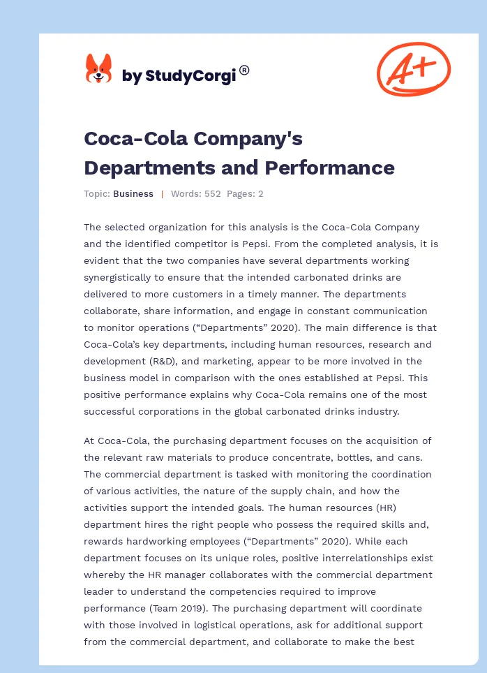 Coca-Cola Company's Departments and Performance. Page 1