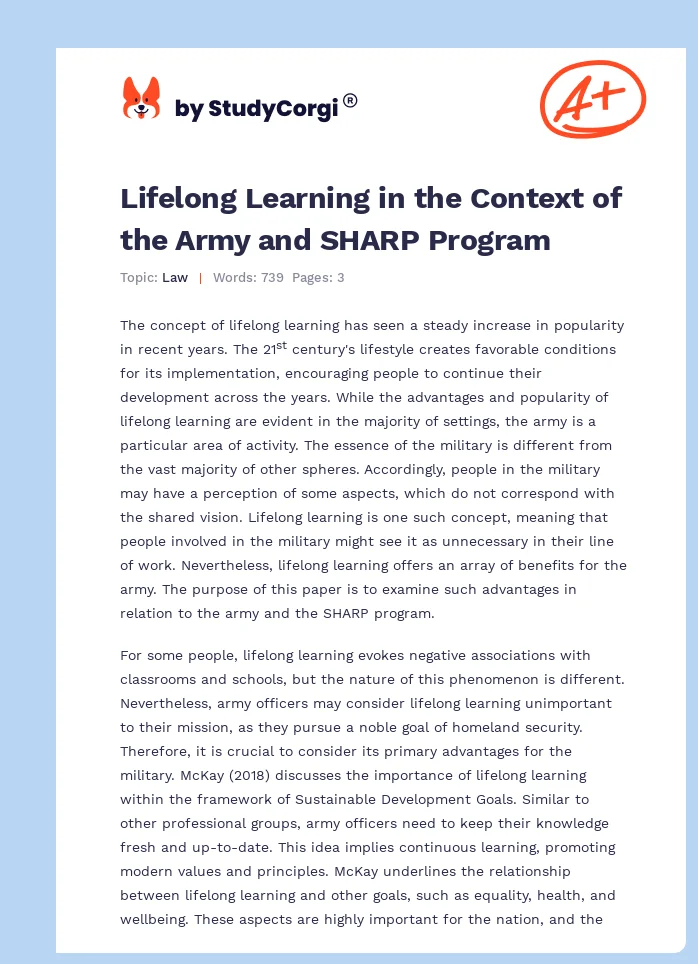 Lifelong Learning in the Context of the Army and SHARP Program. Page 1