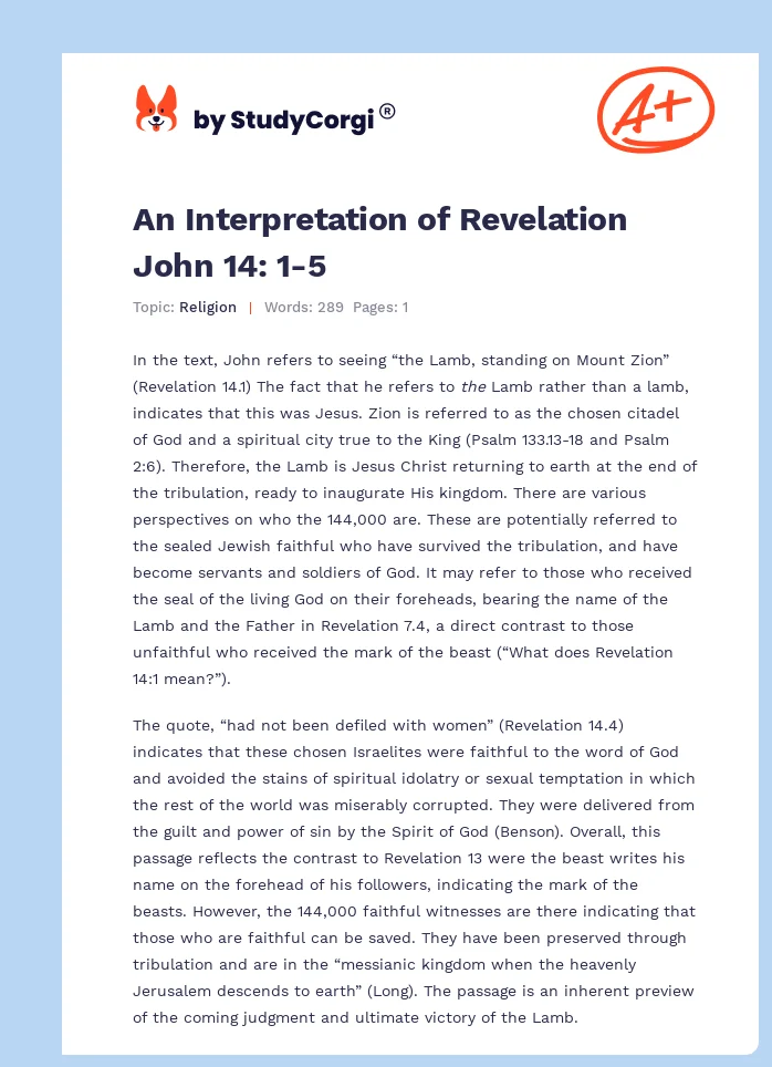 An Interpretation of Revelation John 14: 1-5. Page 1