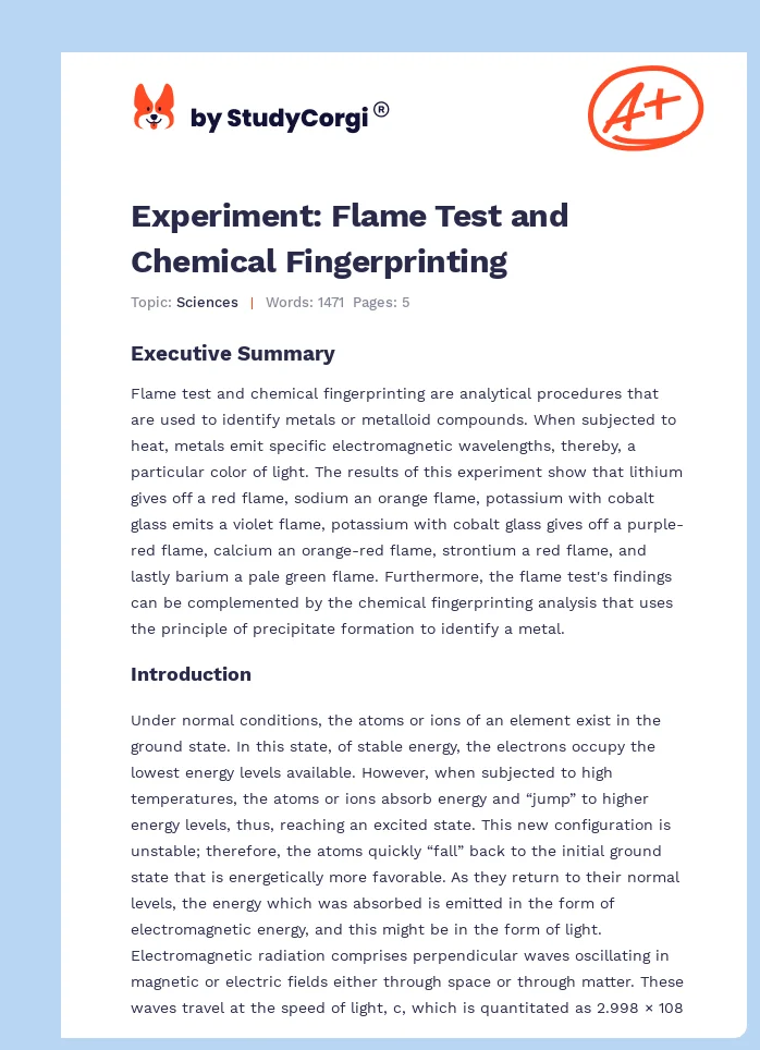 Experiment: Flame Test and Chemical Fingerprinting. Page 1