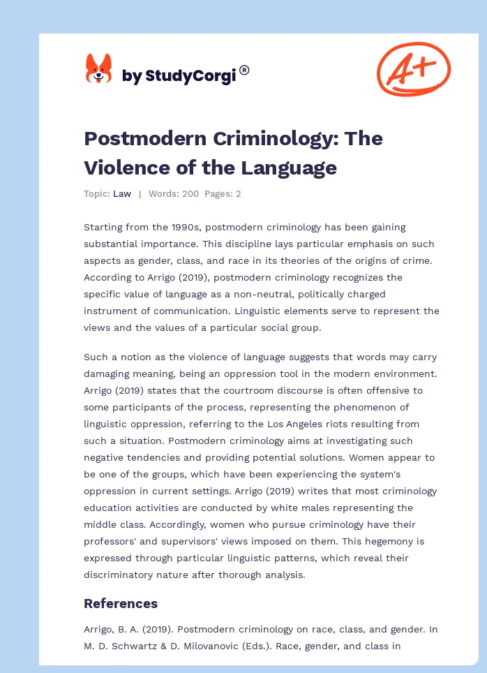 Postmodern Criminology: The Violence of the Language. Page 1