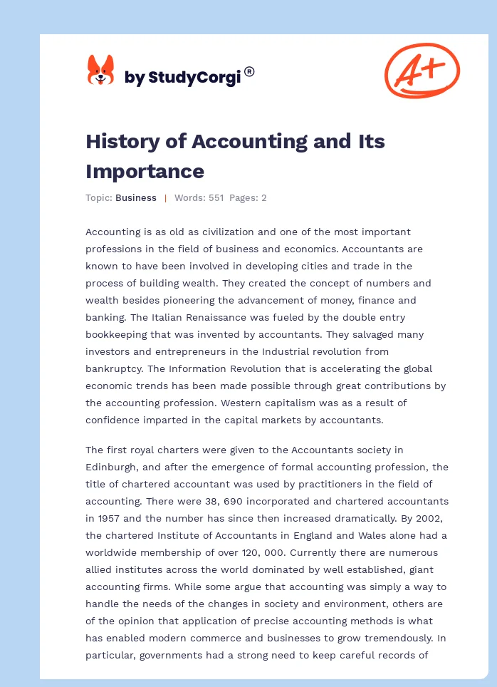 History of Accounting and Its Importance. Page 1