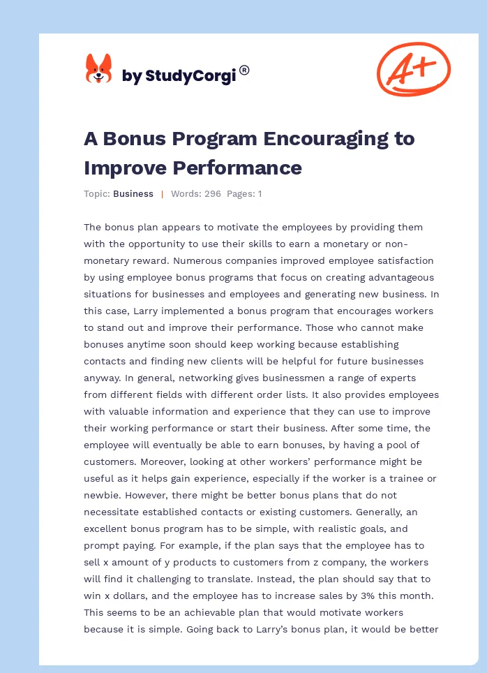 A Bonus Program Encouraging to Improve Performance. Page 1