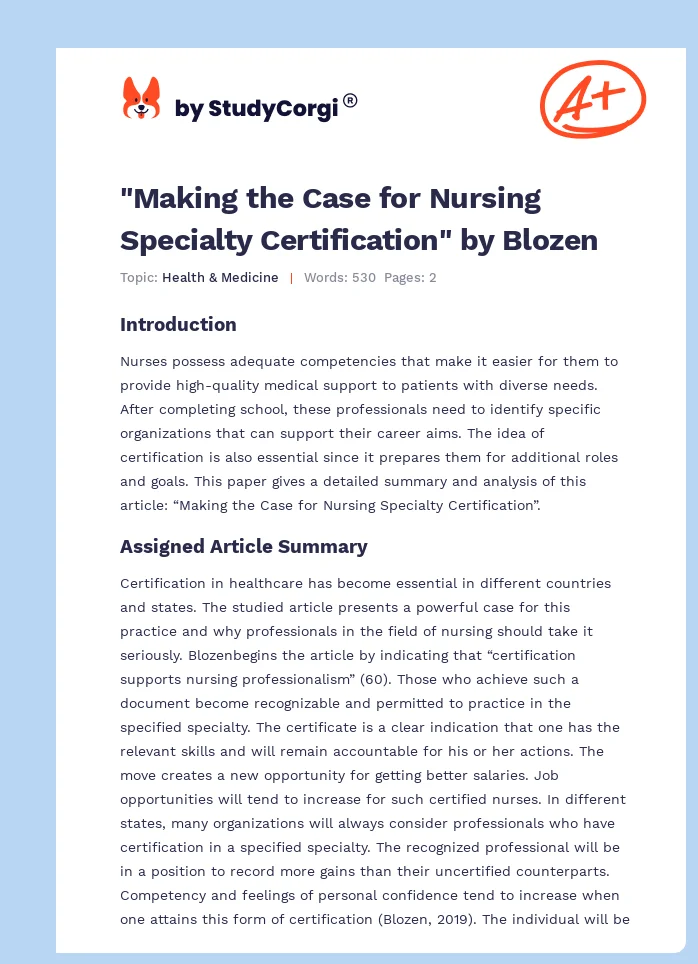 "Making the Case for Nursing Specialty Certification" by Blozen. Page 1