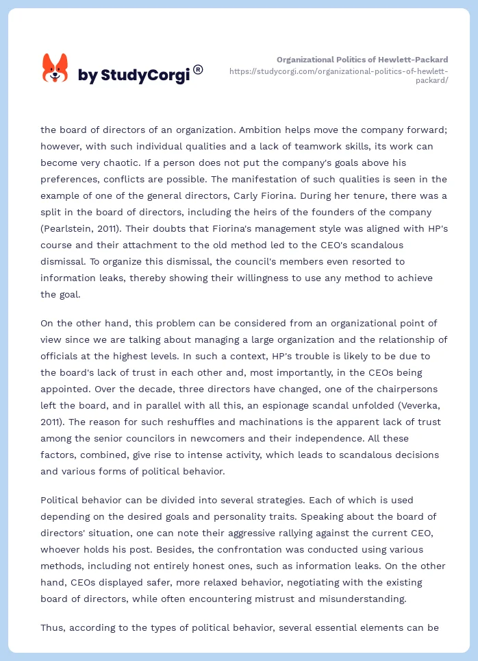 Organizational Politics of Hewlett-Packard. Page 2