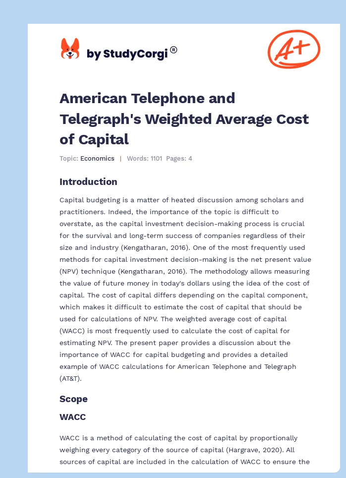 American Telephone and Telegraph's Weighted Average Cost of Capital. Page 1