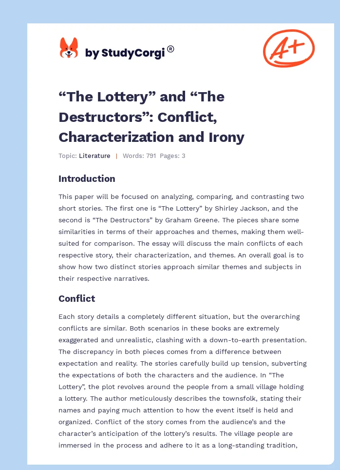 “The Lottery” and “The Destructors”: Conflict, Characterization and Irony. Page 1