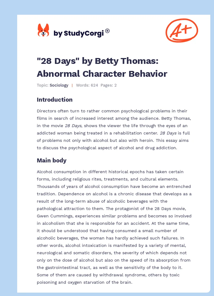 "28 Days" by Betty Thomas: Abnormal Character Behavior. Page 1