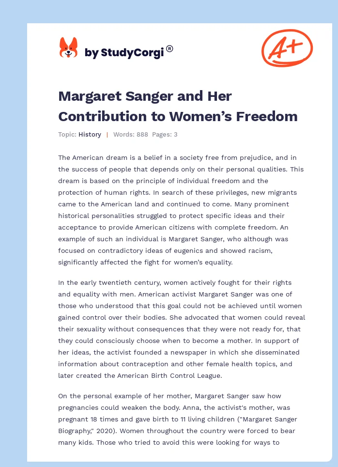 Margaret Sanger and Her Contribution to Women’s Freedom. Page 1