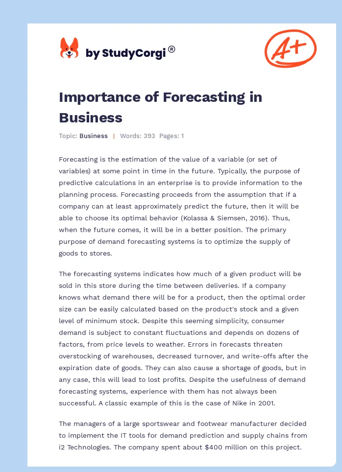 Importance of Forecasting in Business. Page 1