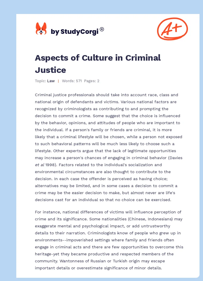 Aspects of Culture in Criminal Justice. Page 1