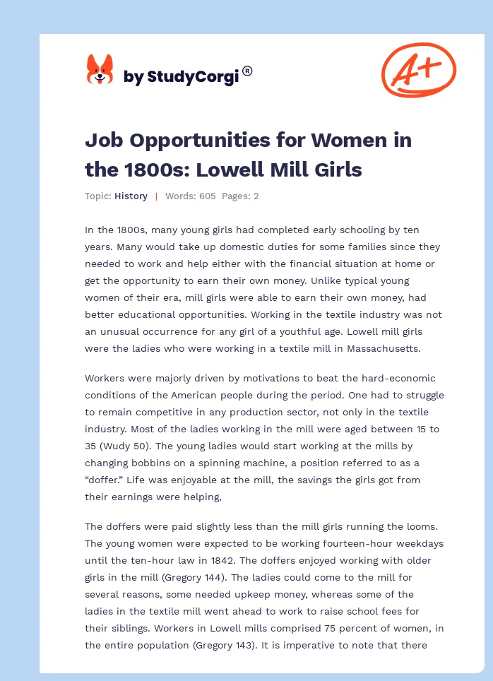 Job Opportunities for Women in the 1800s: Lowell Mill Girls. Page 1