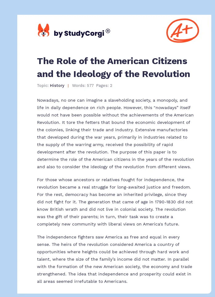 The Role of the American Citizens and the Ideology of the Revolution. Page 1