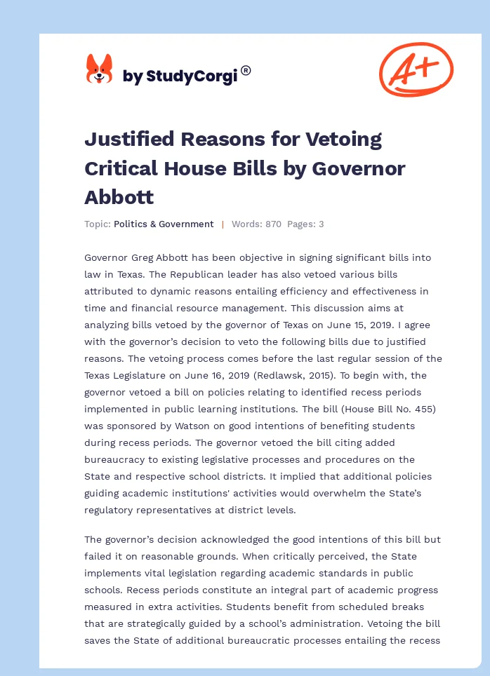 Justified Reasons for Vetoing Critical House Bills by Governor Abbott. Page 1
