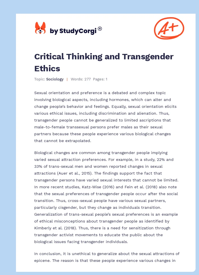 Critical Thinking and Transgender Ethics. Page 1