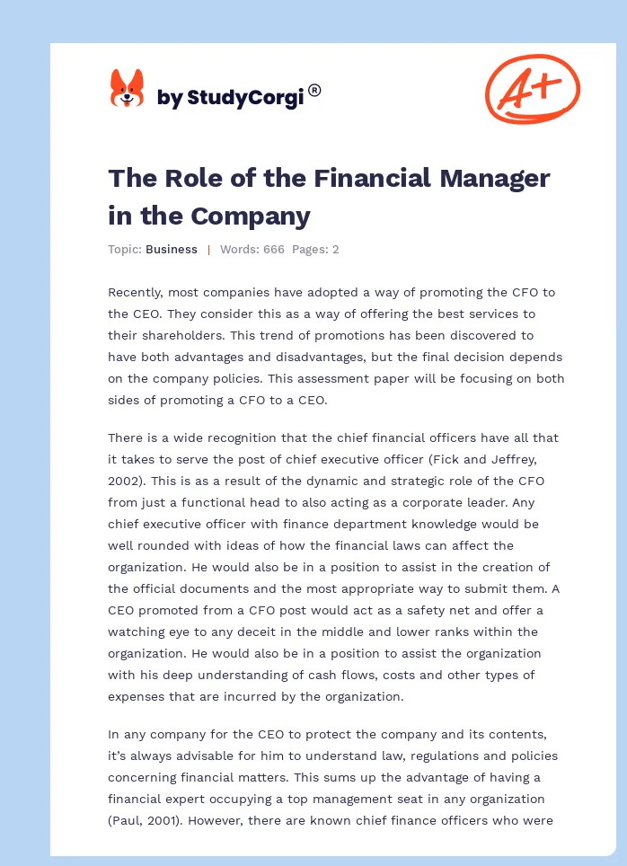 The Role of the Financial Manager in the Company. Page 1