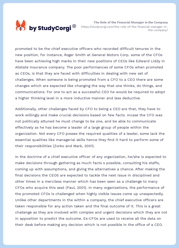 The Role of the Financial Manager in the Company. Page 2