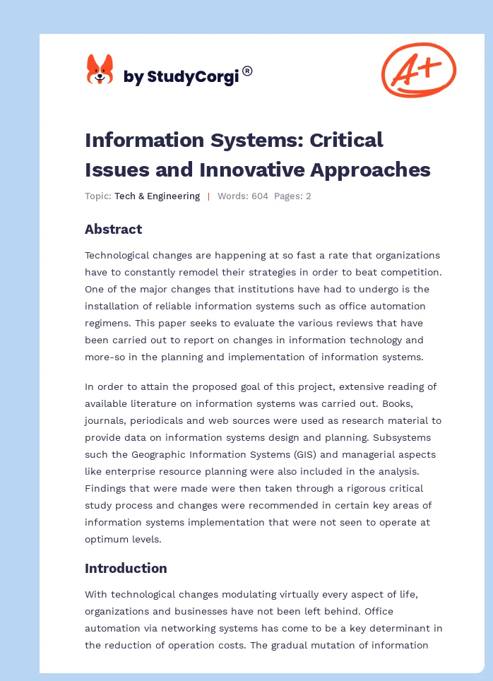 Information Systems: Critical Issues and Innovative Approaches. Page 1
