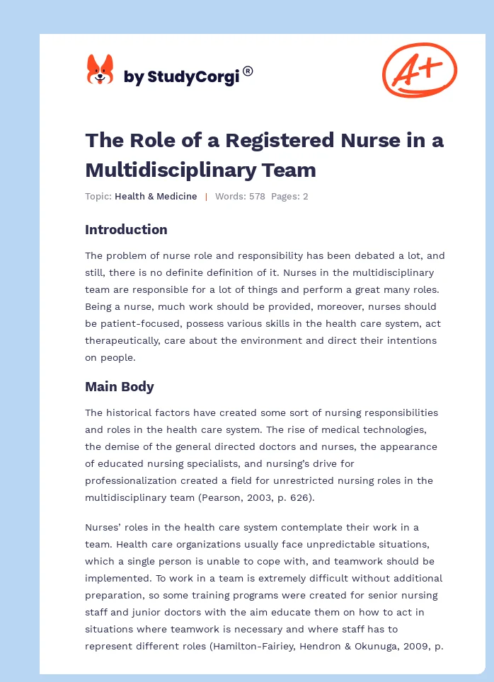 The Role of a Registered Nurse in a Multidisciplinary Team. Page 1