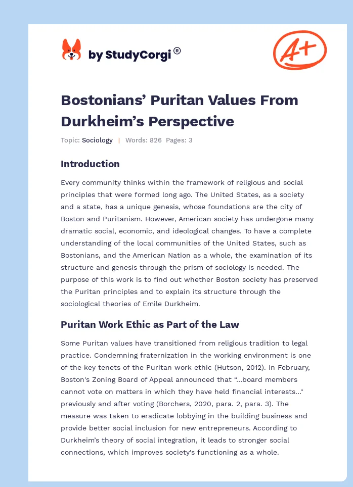 Bostonians’ Puritan Values From Durkheim’s Perspective. Page 1