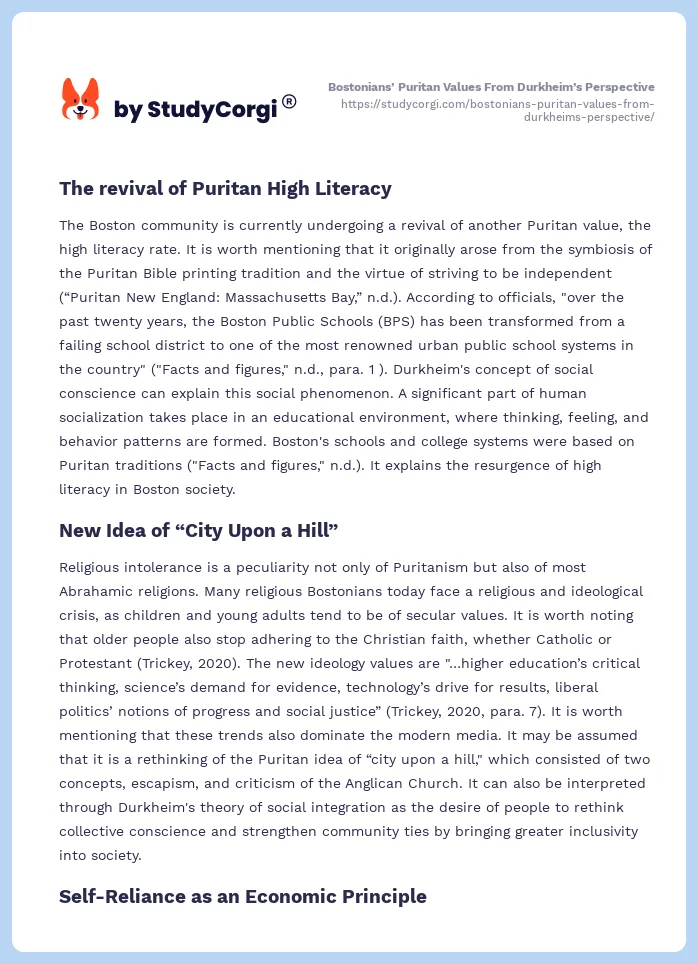 Bostonians’ Puritan Values From Durkheim’s Perspective. Page 2