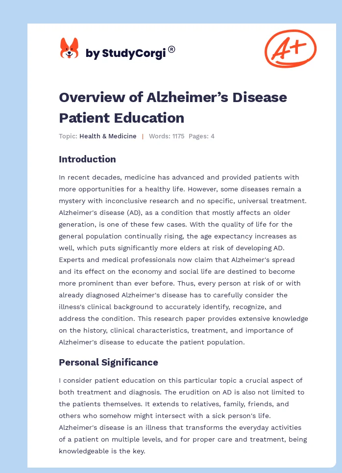 Overview of Alzheimer’s Disease Patient Education. Page 1