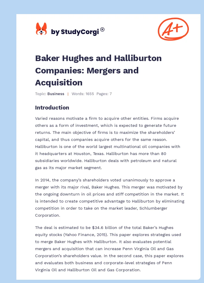 Baker Hughes and Halliburton Companies: Mergers and Acquisition. Page 1
