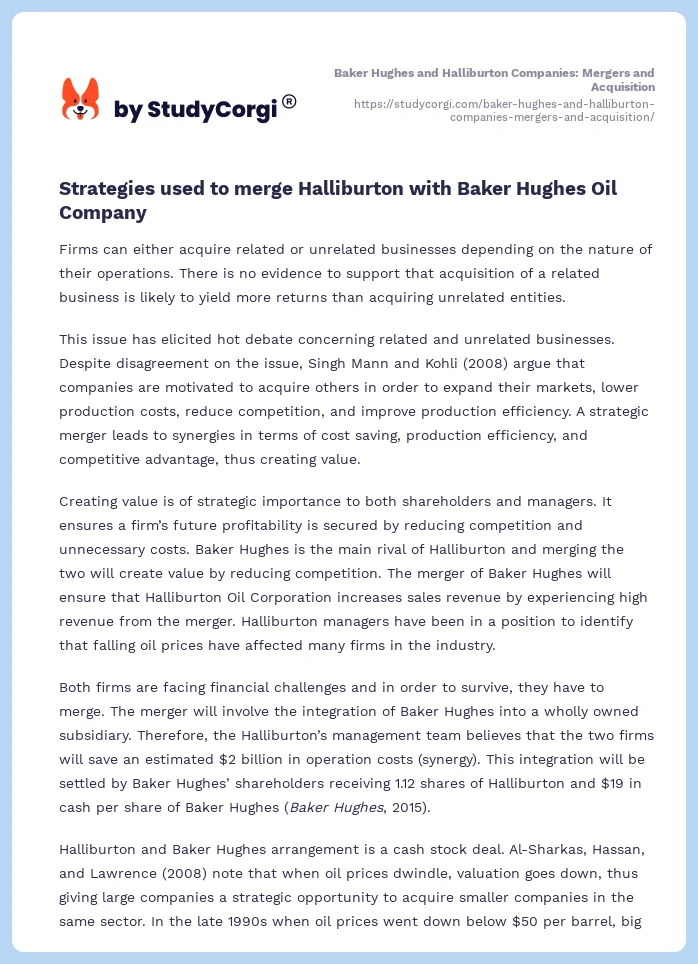 Baker Hughes and Halliburton Companies: Mergers and Acquisition. Page 2