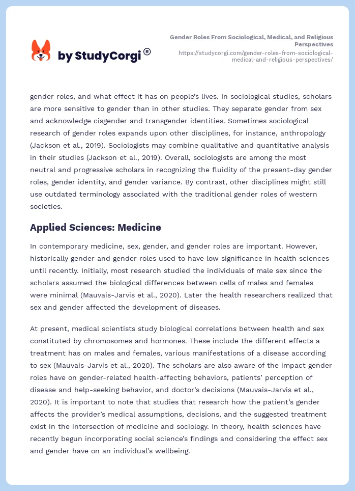 Gender Roles From Sociological, Medical, and Religious Perspectives. Page 2