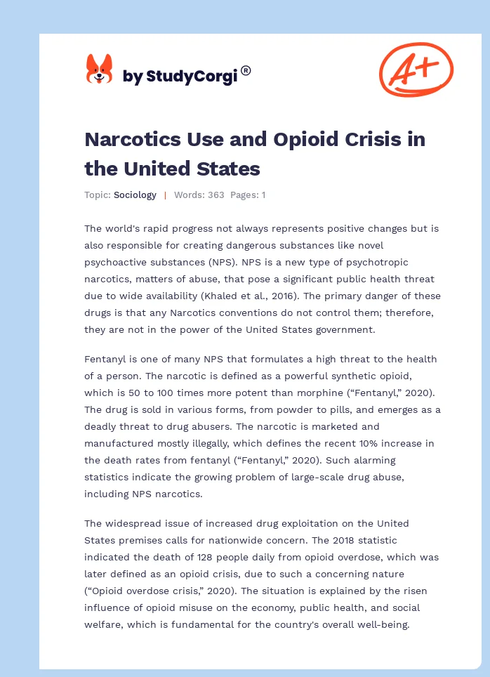 Narcotics Use and Opioid Crisis in the United States. Page 1