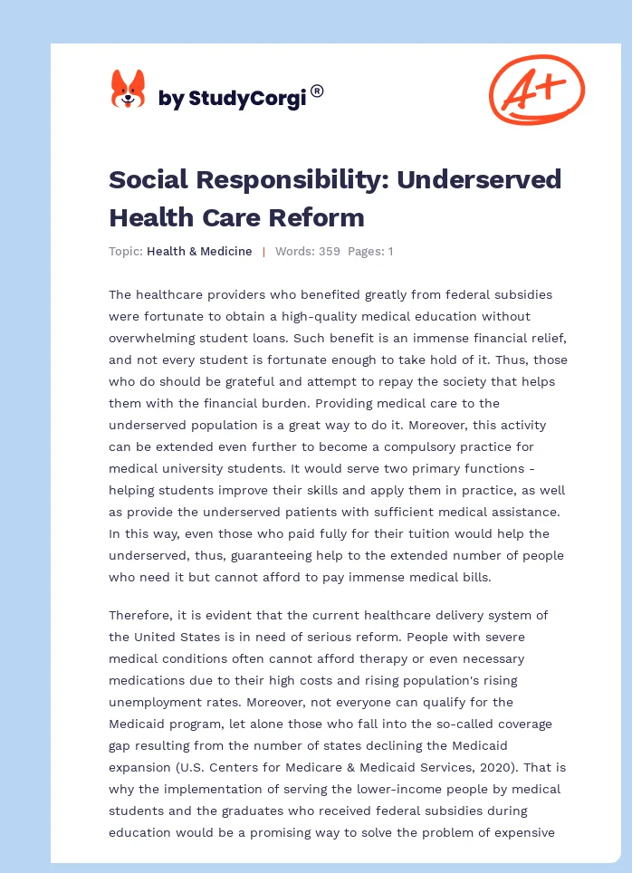 Social Responsibility: Underserved Health Care Reform. Page 1
