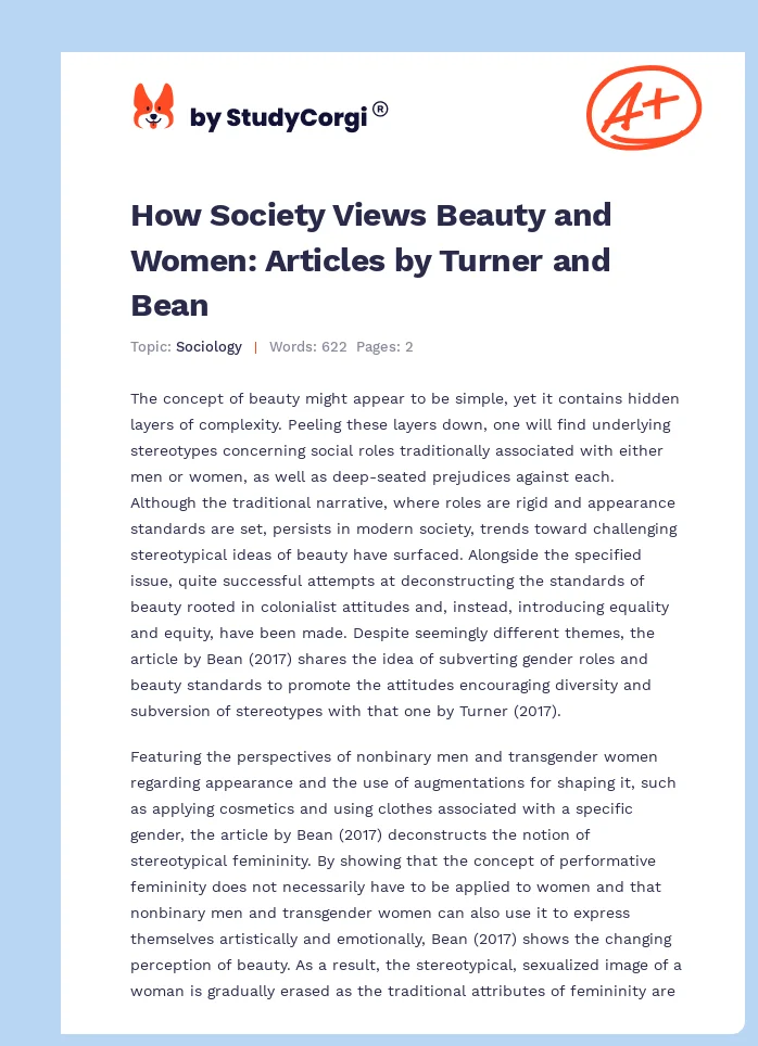 How Society Views Beauty and Women: Articles by Turner and Bean. Page 1