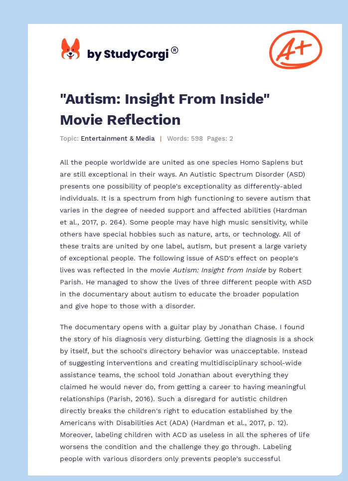 "Autism: Insight From Inside" Movie Reflection. Page 1