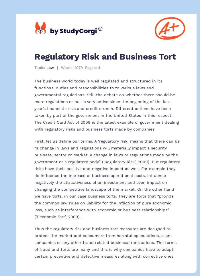 Regulatory Risk and Business Tort. Page 1