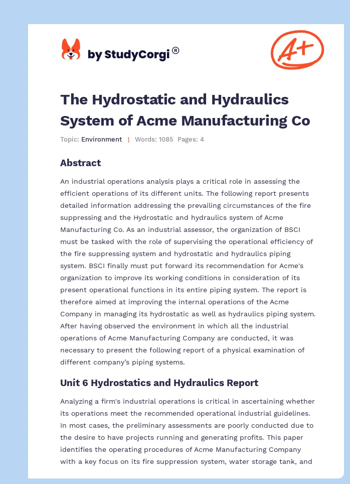 The Hydrostatic and Hydraulics System of Acme Manufacturing Co. Page 1