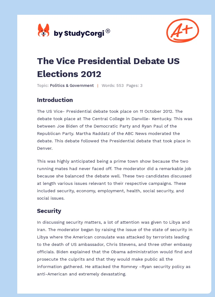 The Vice Presidential Debate US Elections 2012. Page 1