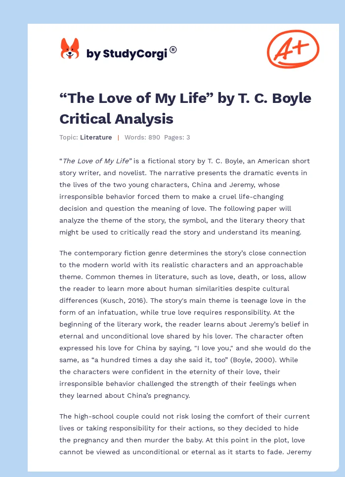 “The Love of My Life” by T. C. Boyle Critical Analysis. Page 1