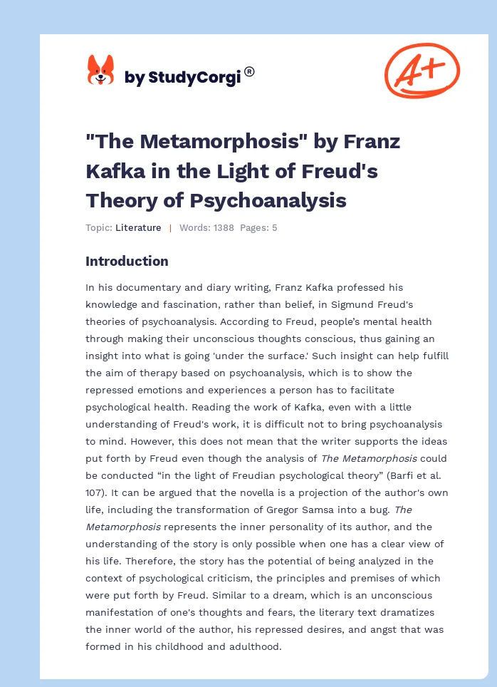 "The Metamorphosis" by Franz Kafka in the Light of  Freud's Theory of Psychoanalysis. Page 1