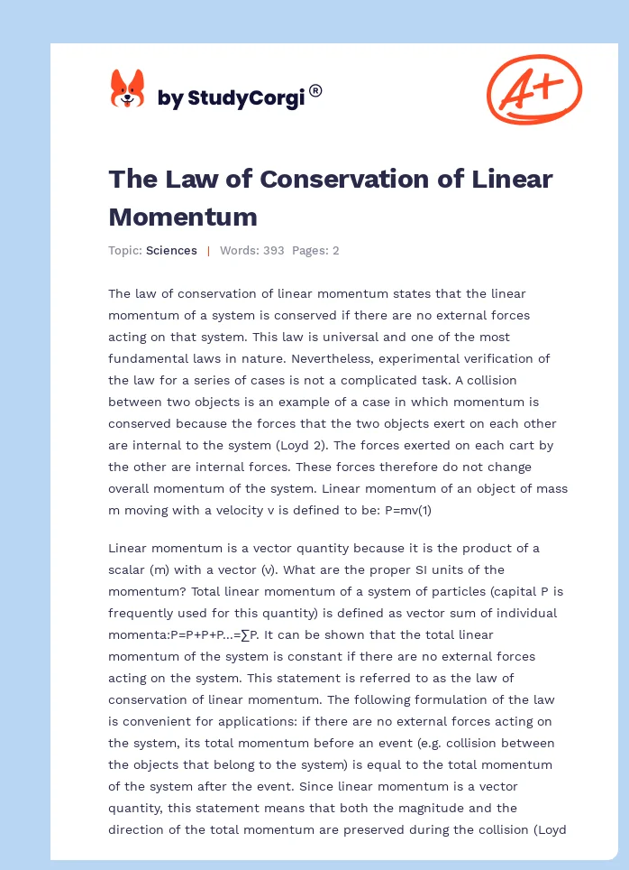 The Law of Conservation of Linear Momentum. Page 1