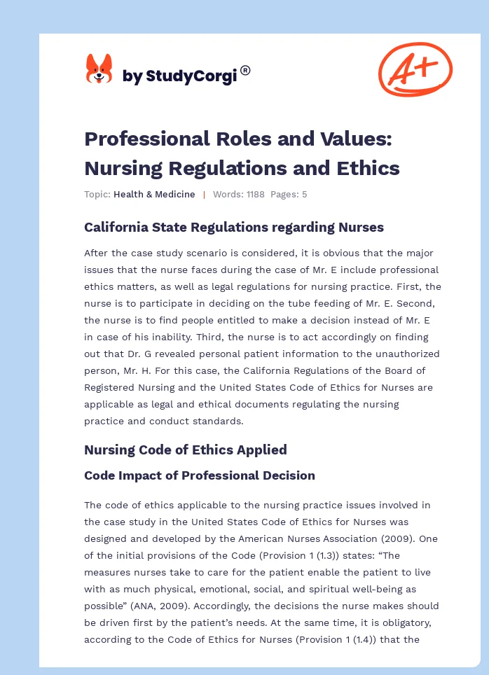Professional Roles and Values: Nursing Regulations and Ethics. Page 1