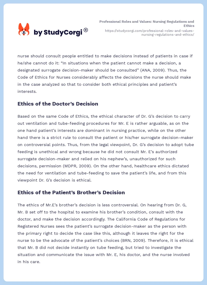 Professional Roles and Values: Nursing Regulations and Ethics. Page 2