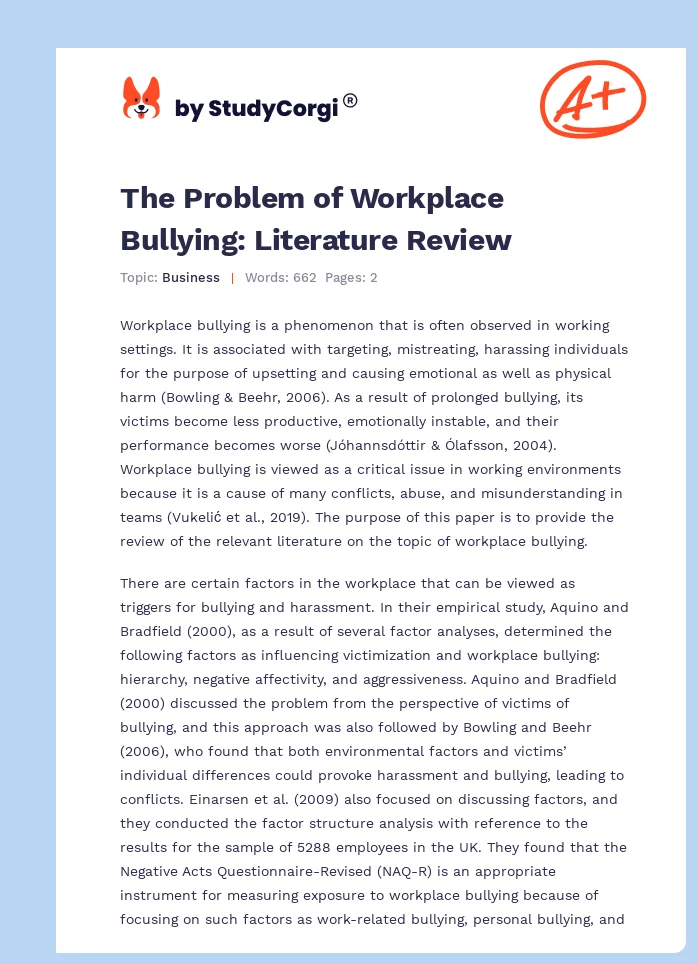 The Problem of Workplace Bullying: Literature Review. Page 1