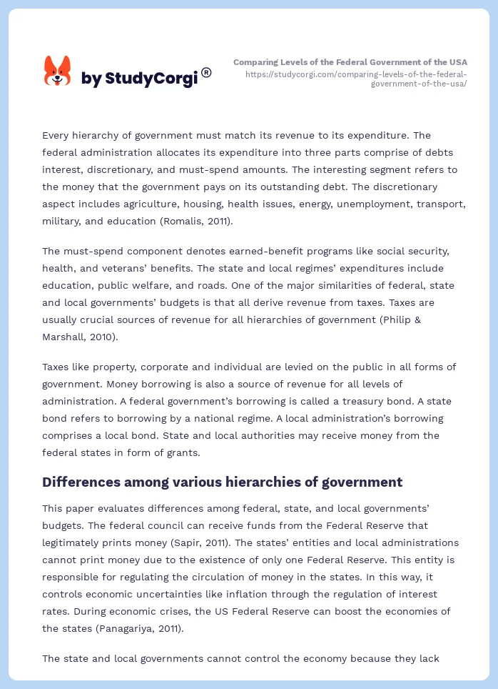 Comparing Levels of the Federal Government of the USA. Page 2