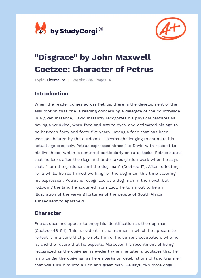 "Disgrace" by John Maxwell Coetzee: Character of Petrus. Page 1