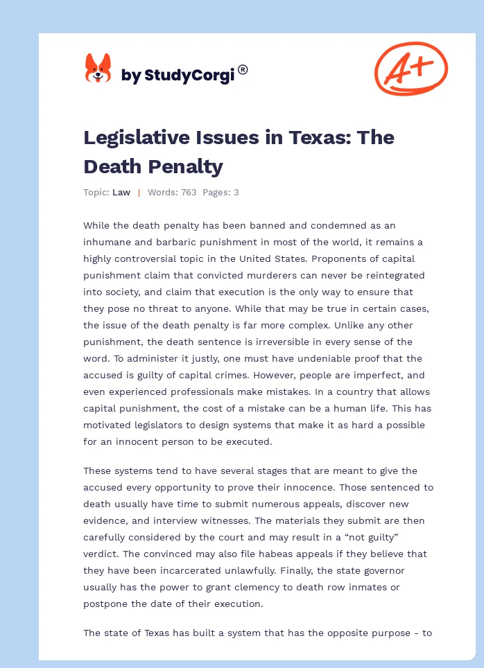 Legislative Issues in Texas: The Death Penalty. Page 1