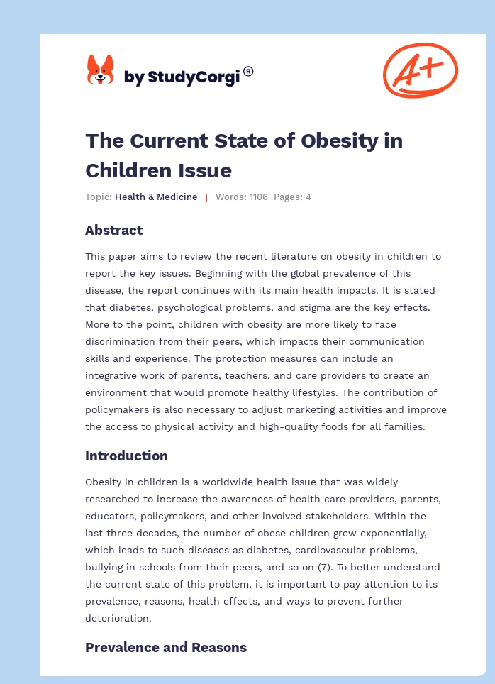 The Current State of Obesity in Children Issue. Page 1
