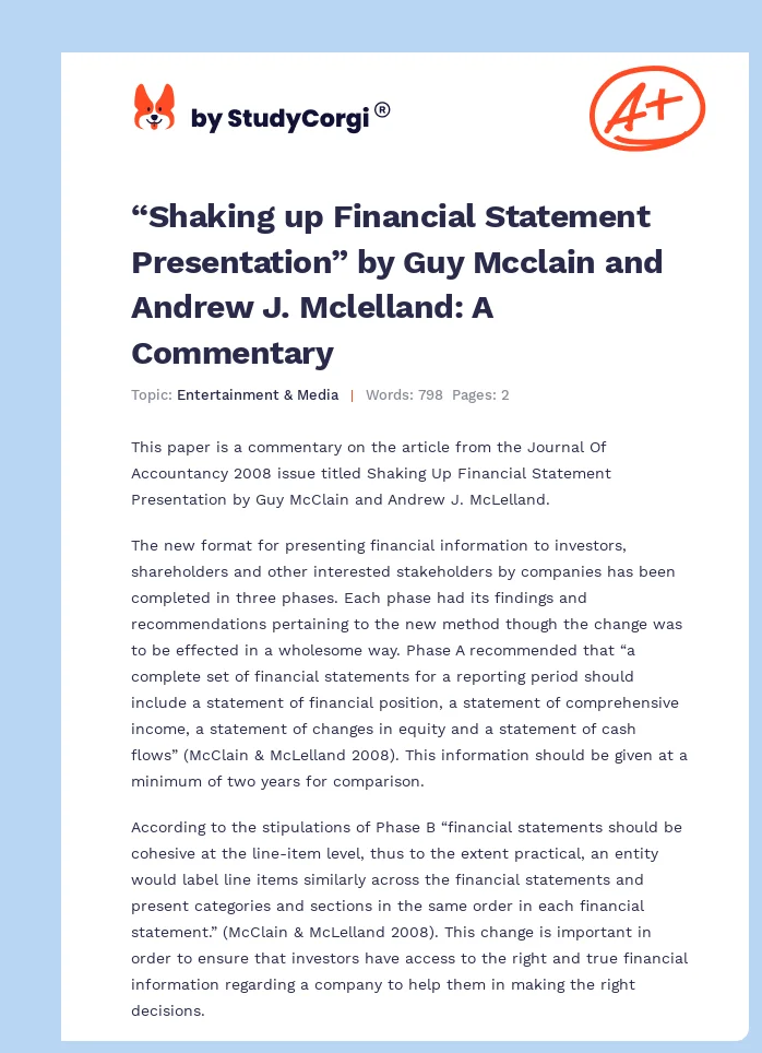 “Shaking up Financial Statement Presentation” by Guy Mcclain and Andrew J. Mclelland: A Commentary. Page 1