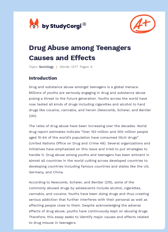 Drug Abuse among Teenagers Causes and Effects. Page 1